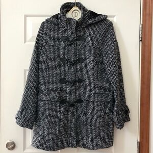Black/Gray Tweed Jacket w/Button Detachable Hood & Toggle Buttons - L (12-14)